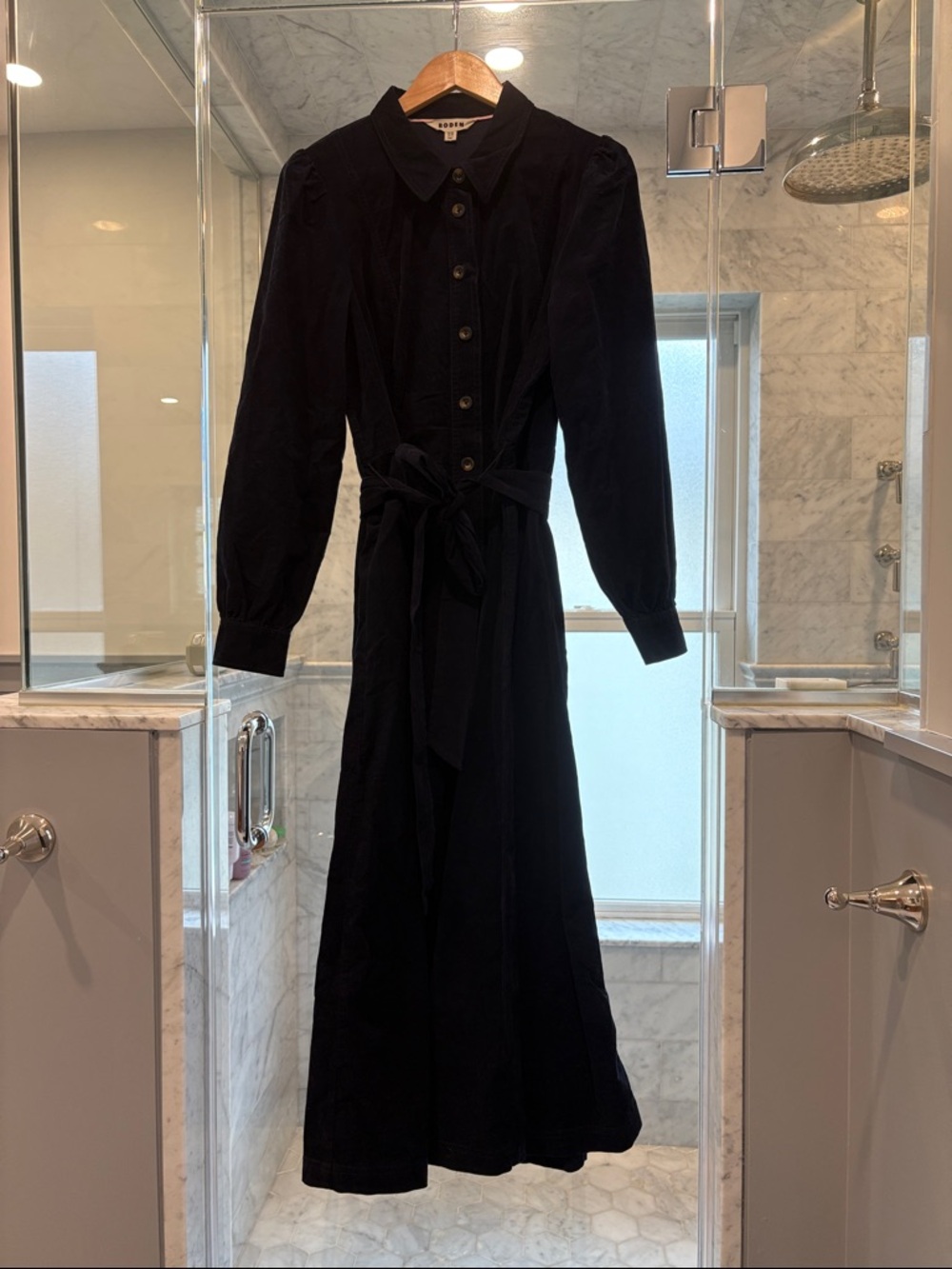 Women's Boden Navy Corduroy Long Sleeve Shirt Dress with Waist Tie